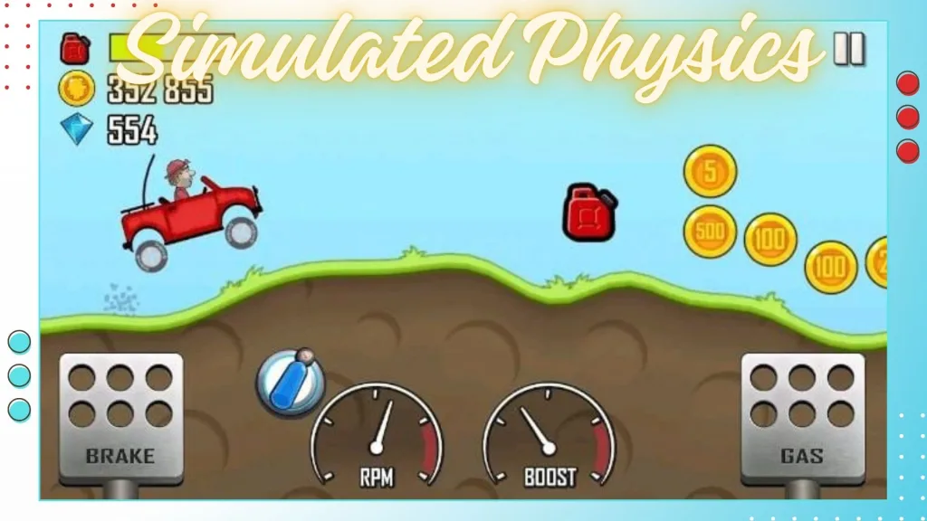 Picture showing realistic physics in the Hill Climb Racing app, with the vehicle moving realistically through obstacles and terrains.