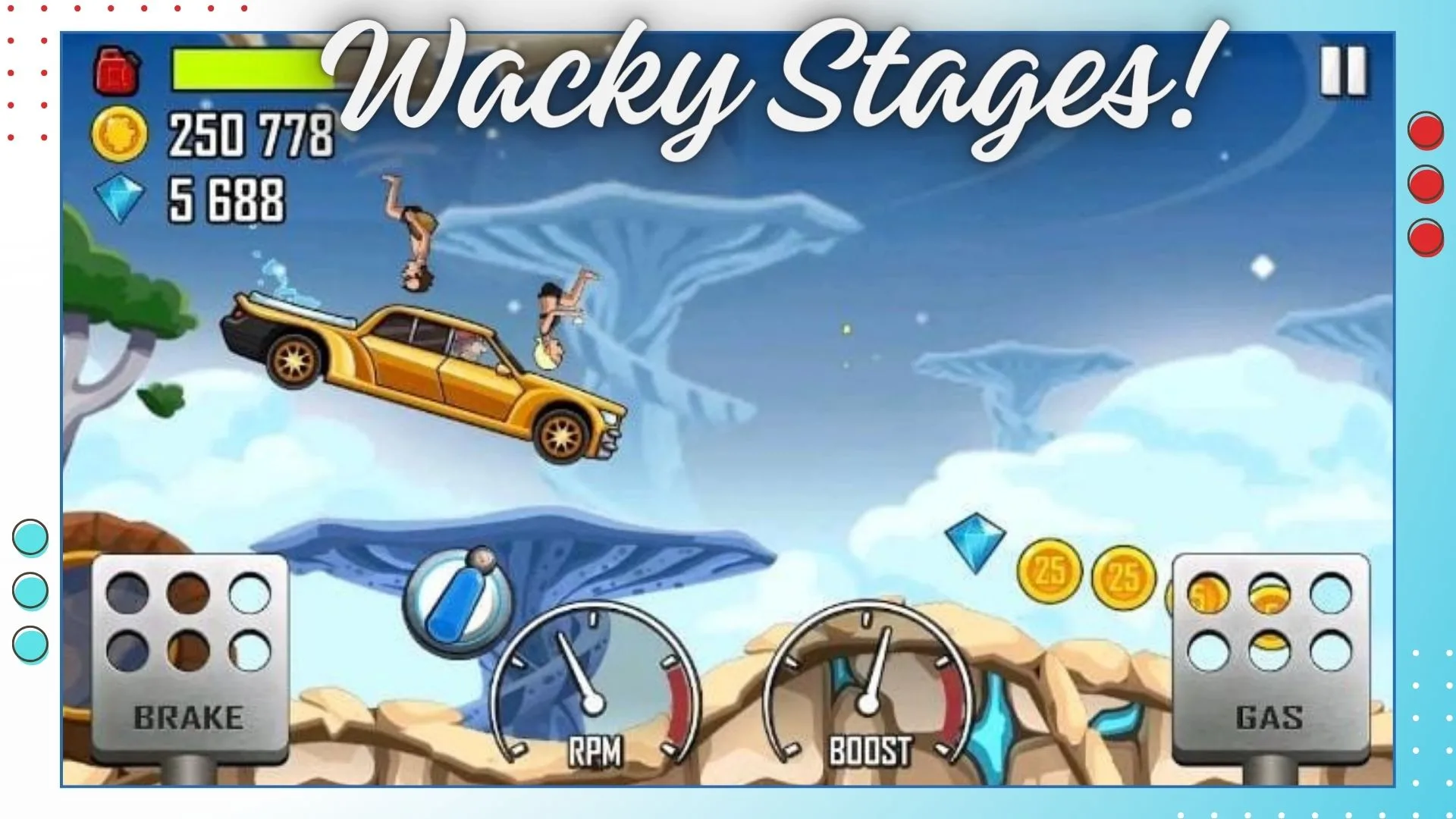 Experience the canyon climb's fun and wacky stages in Hill Climb Racing.